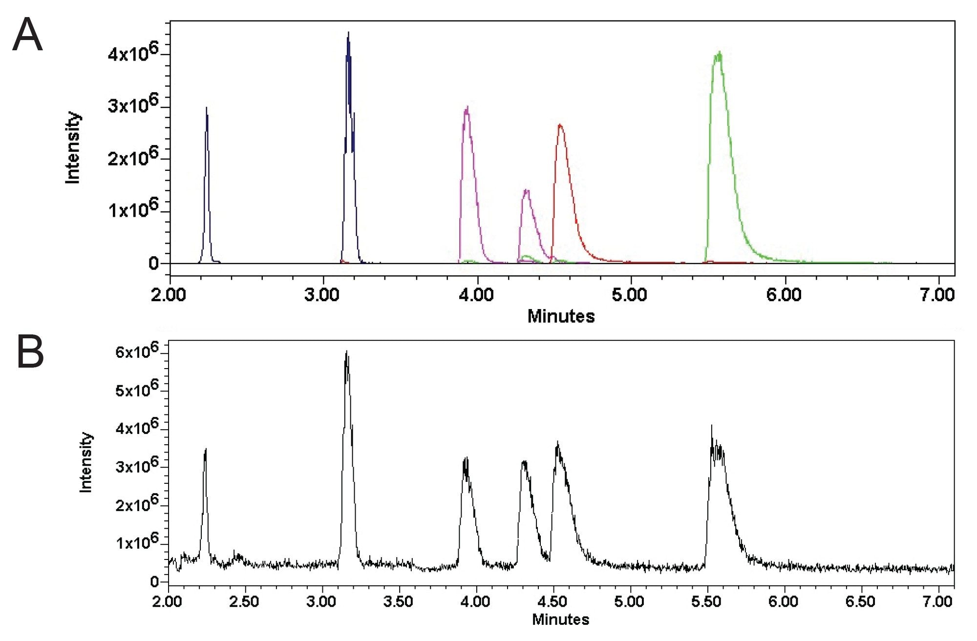 The QDa based analysis of aminoglycosides: A represents an overlay of six individual SIR plots of a mixture of six aminoglycosides and, Figure 3B. Represents the TIC chromatogram of the same mixture of these 6 aminoglycosides. The peaks in the chromatogram according to elution order are: Spectinomycin, Streptomycin, Amikacin, Kanamycin, and Sisomycin.