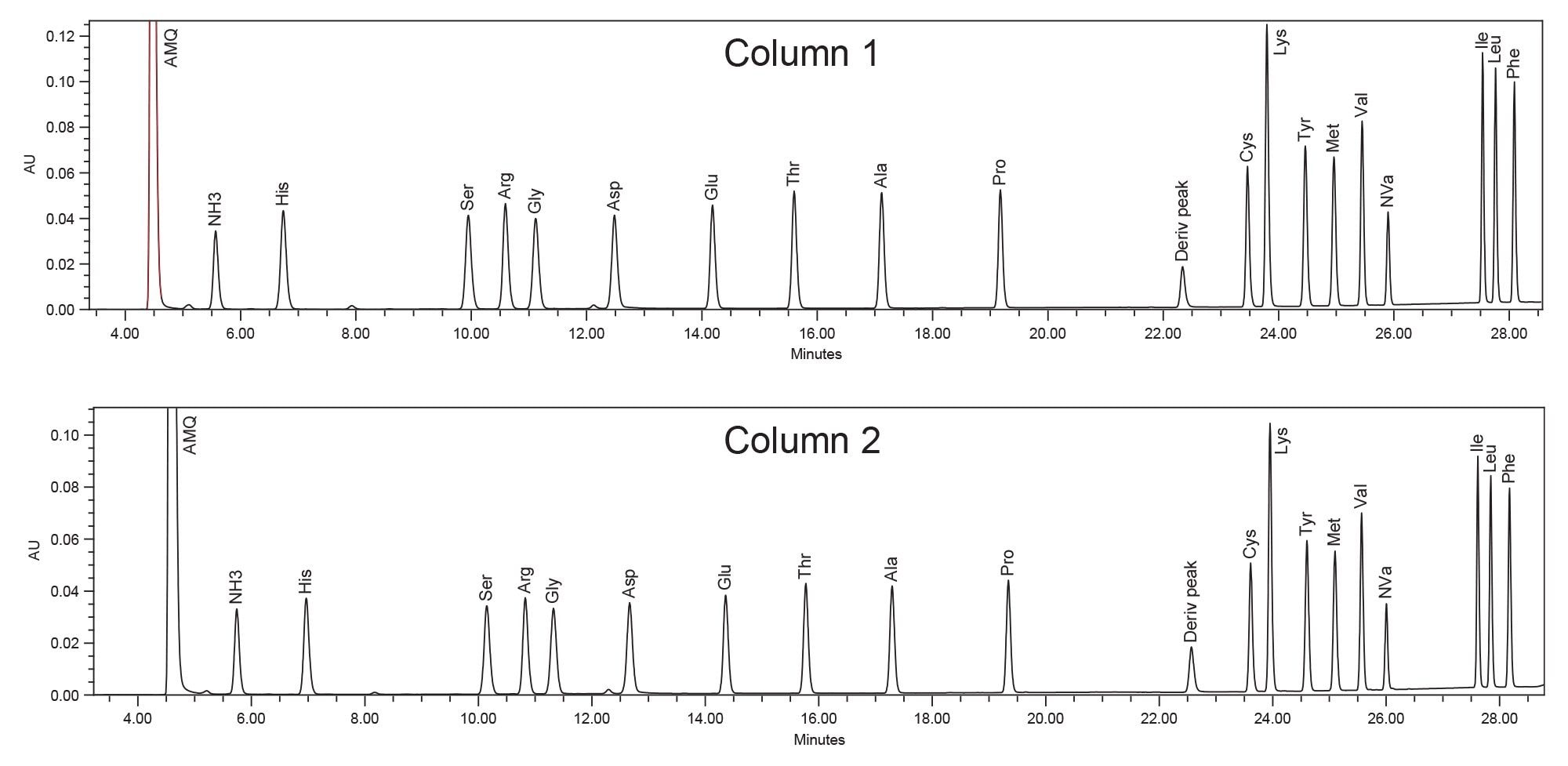 Analysis of Protein Hydrolysate AA Standard on the AccQ•Tag Ultra C18, 2.5 µm 4.6 x 150mm Column intra-batch reproducibility on ACQUITY Arc System