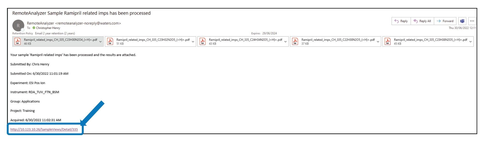 Example email containing results in pdf. format and link to interactive results page