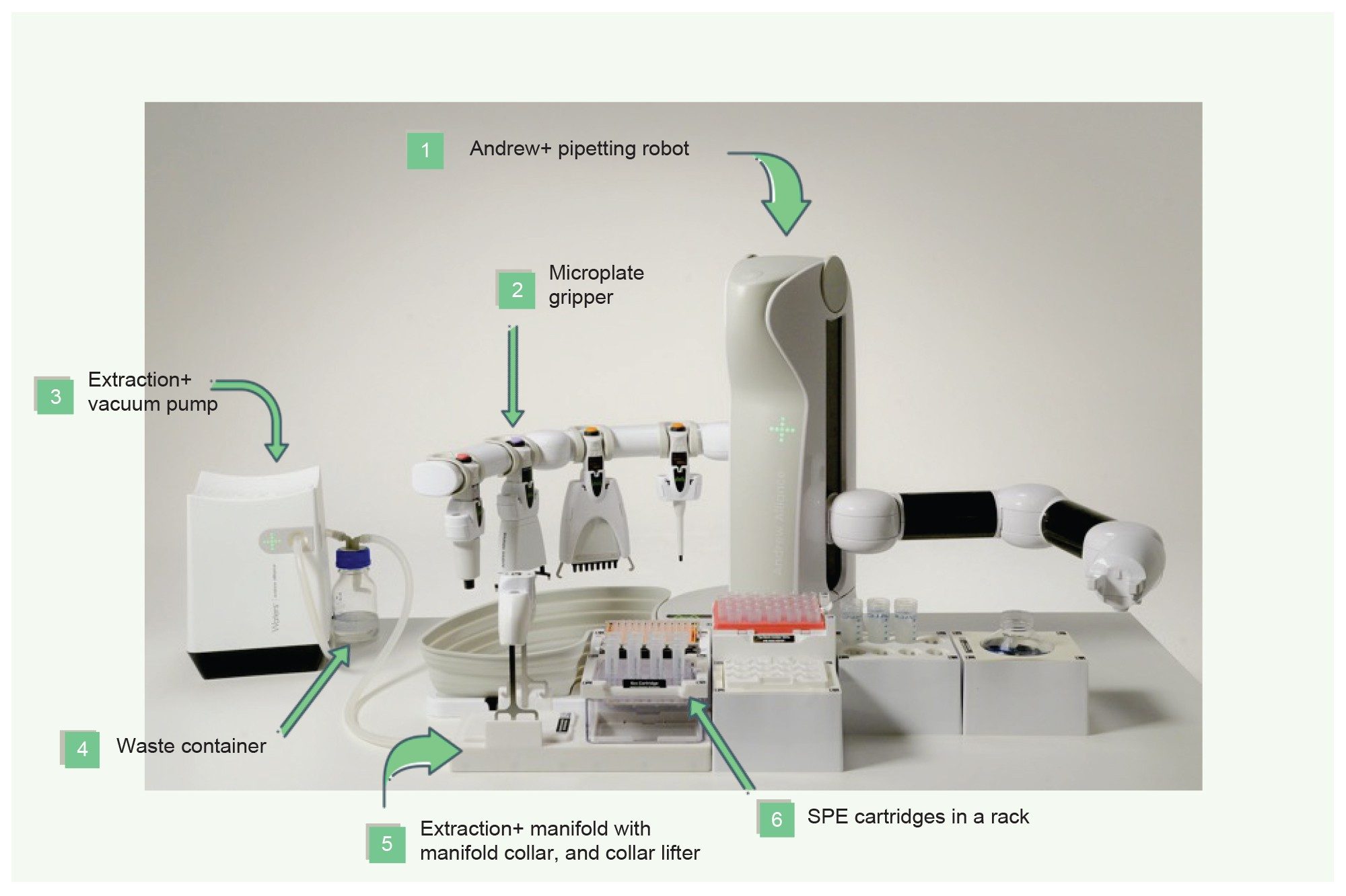 Andrew+ configured with the required Dominos, the Andrew Alliance Bluetooth electronic pipettes and microplate gripper on the tool stand and the Extraction+ system including the Extraction+ connected vacuum pump, flow-through waste container, Extraction+ manifold with the manifold collar, the integrated collar lifter, and SPE cartridges in the corresponding adaptor