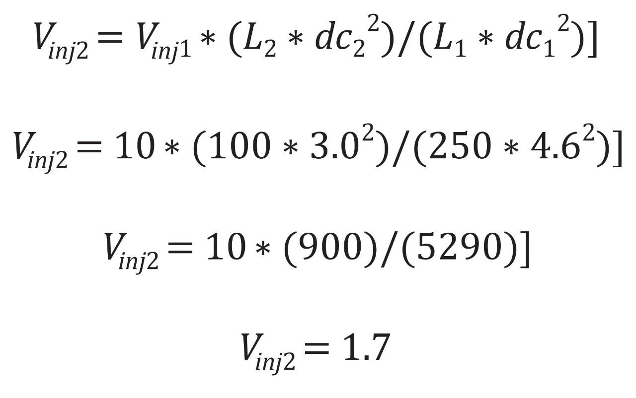 Using Equation 3 to solve for Vinj2 utilizing the values indicated from the original injection volume, original column dimensions, and new column dimensions