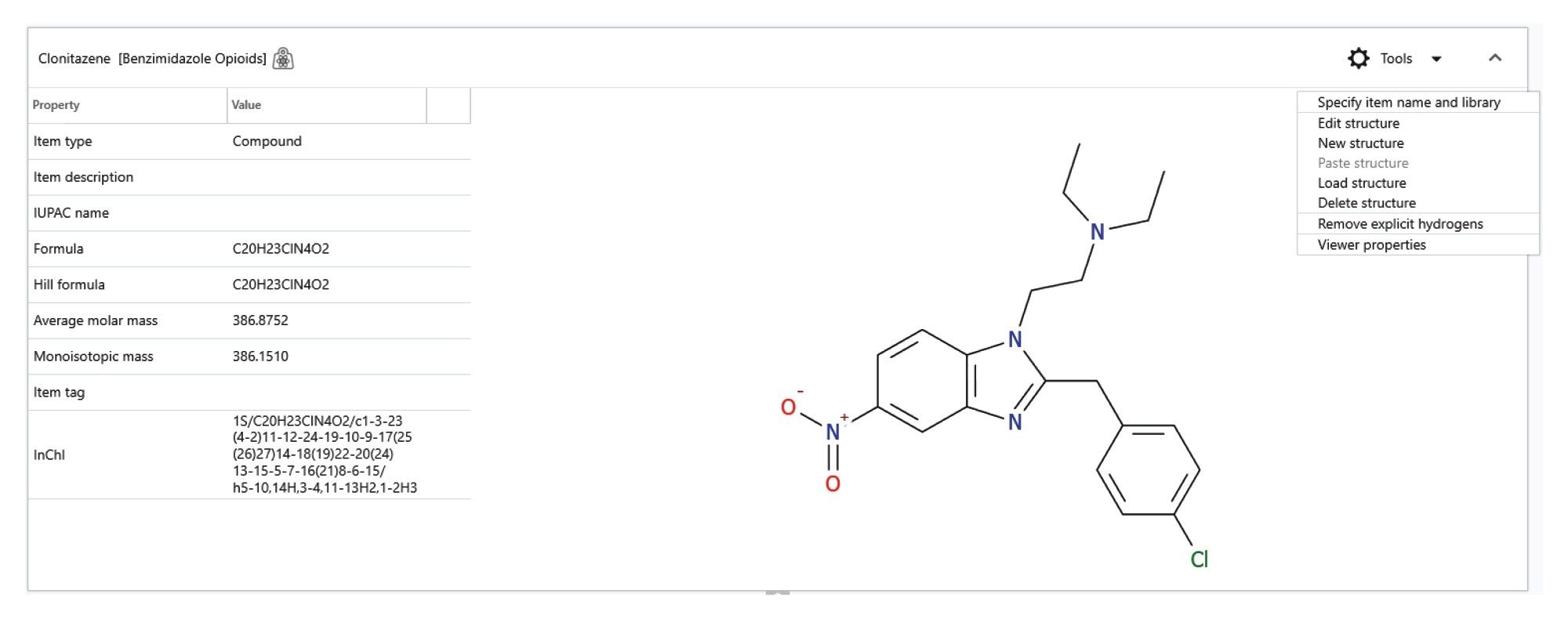 Entry for Clonitazene contained in the custom benzimidazole opioids library