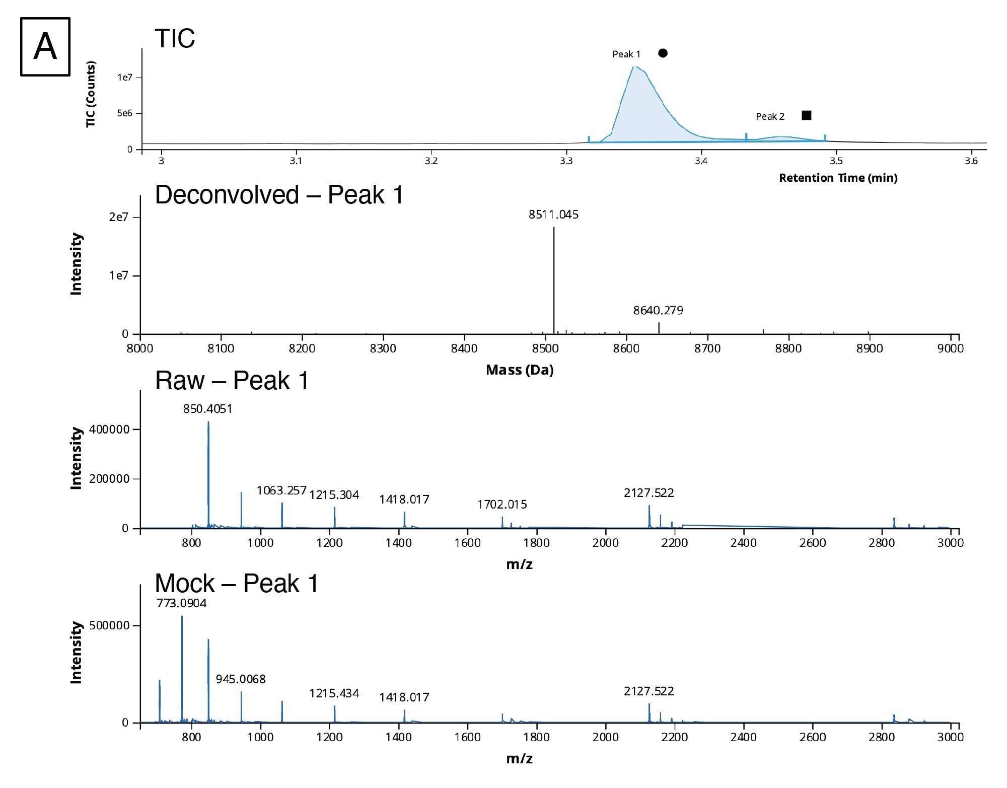 (A) TIC, Deconvoluted, Raw, and Mock spectra for the peak at 3.37 minutes (circle)