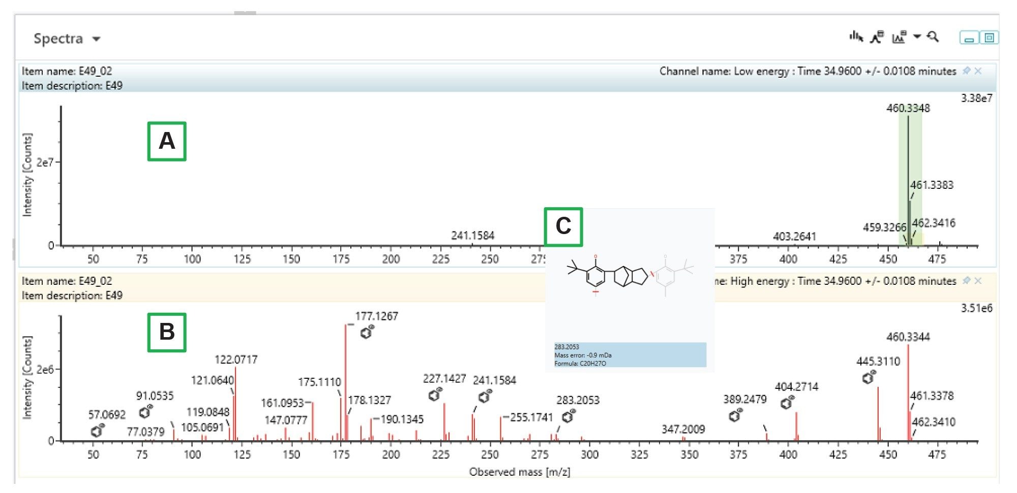 [A] Low energy spectra with the precursor ion (C32H44O2, [-e], mass error 2.6 ppm) for antioxidant 616. [B] High energy spectra with the fragment ions. [C] Selecting the symbols in the high energy spectra displays the predicted fragment ion for that mass and the mass error associated with it