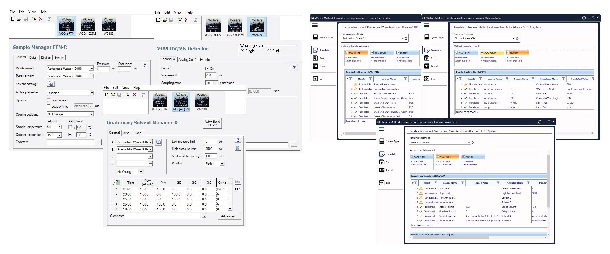 The method created on Arc HPLC System (top) and translated to Alliance iS HPLC System method using the iMTA (bottom)