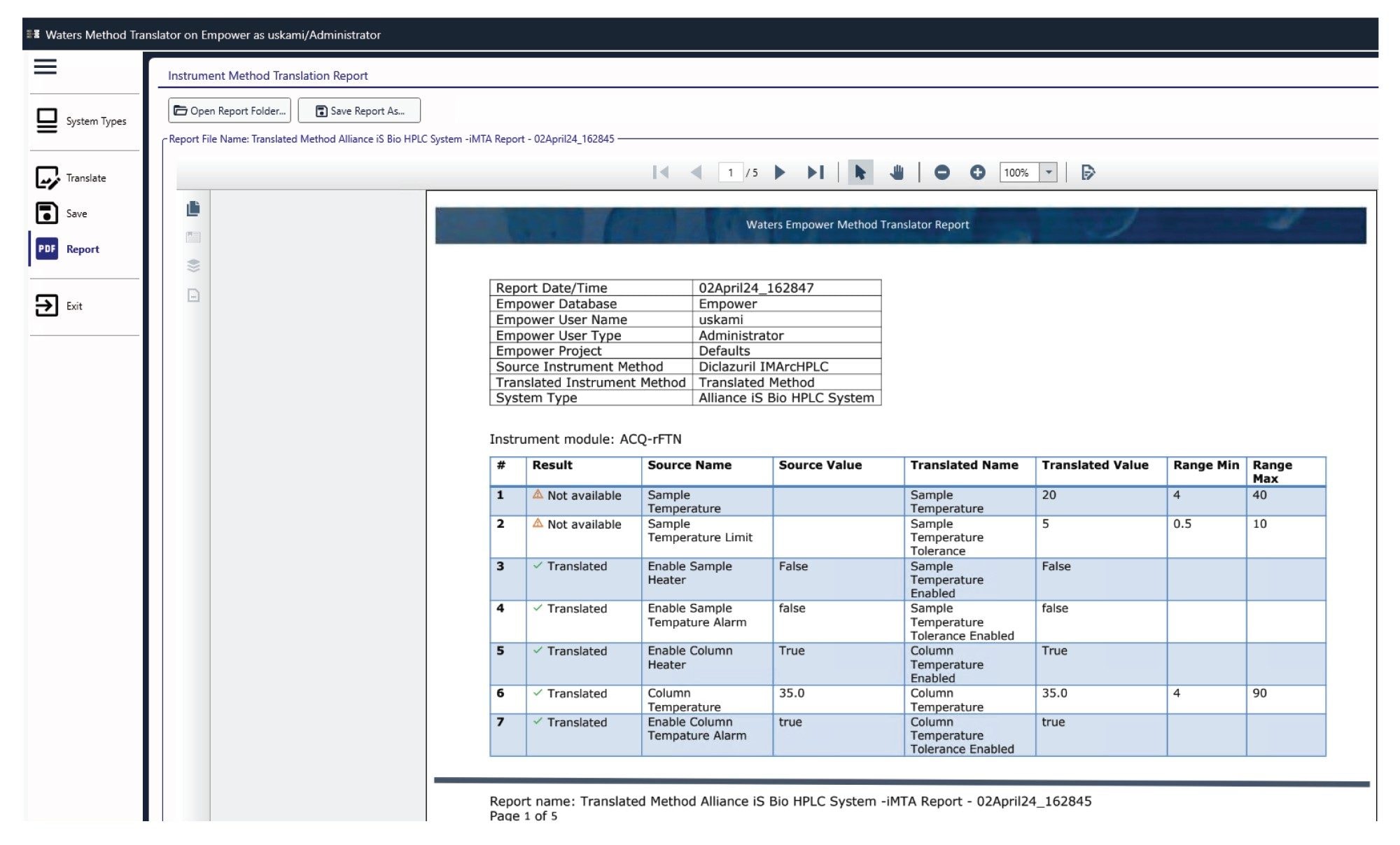 Example of the report generated by the Intelligent Method Translator