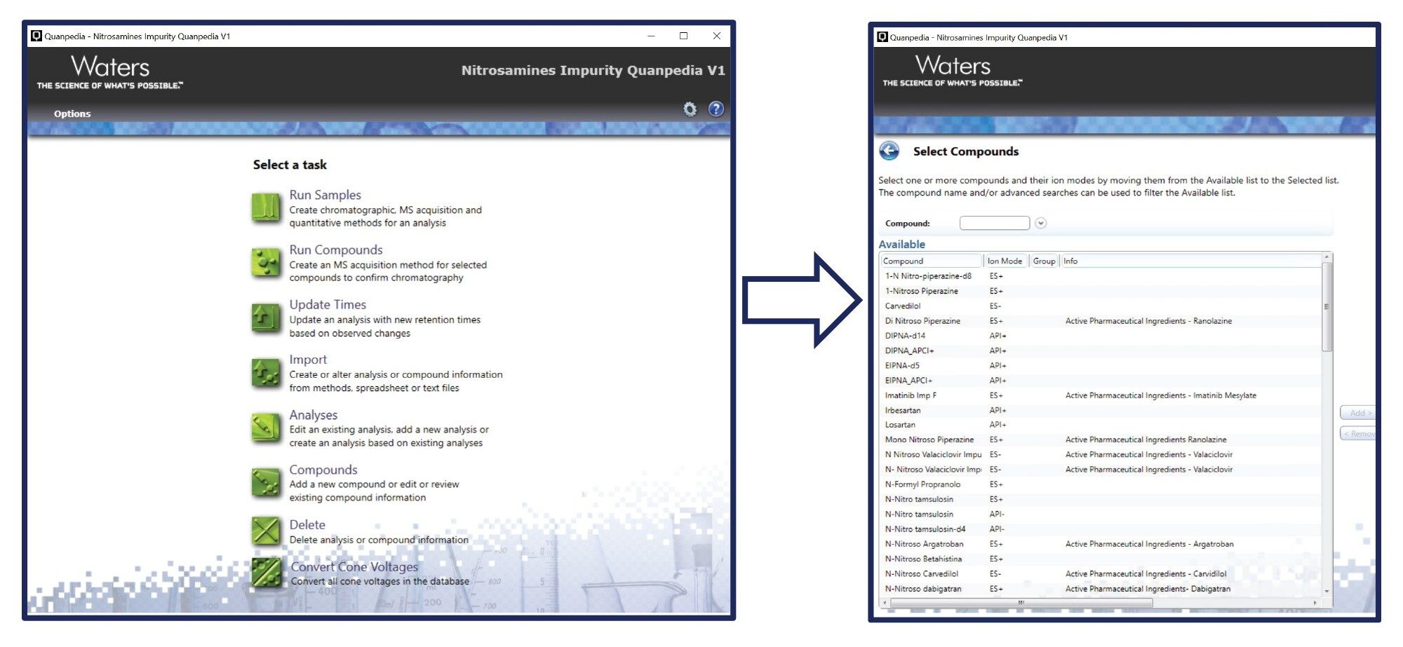 Nitrosamines Impurity Quanpedia database in MassLynx