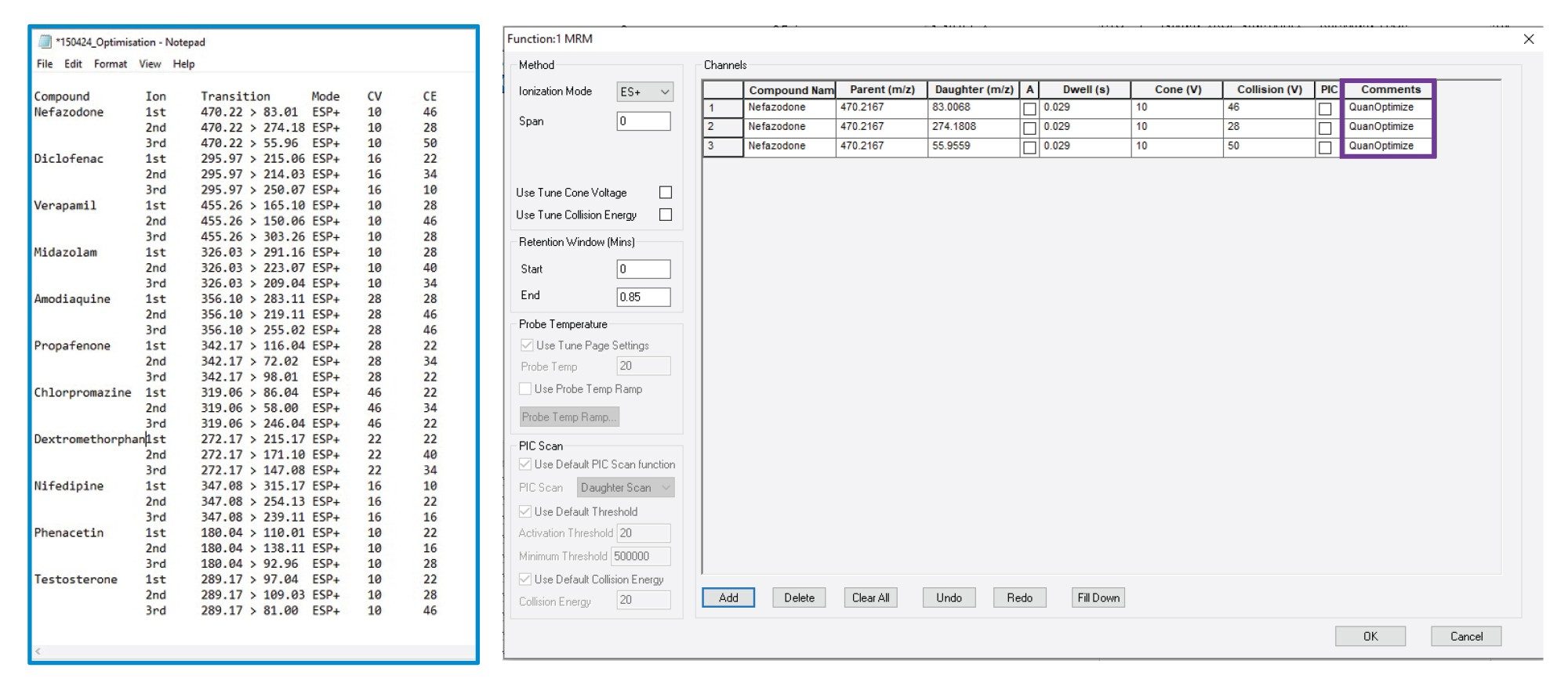 Example QuanOptimize Optimization results report (left) and auto-generated MS method for nefazodone (right)