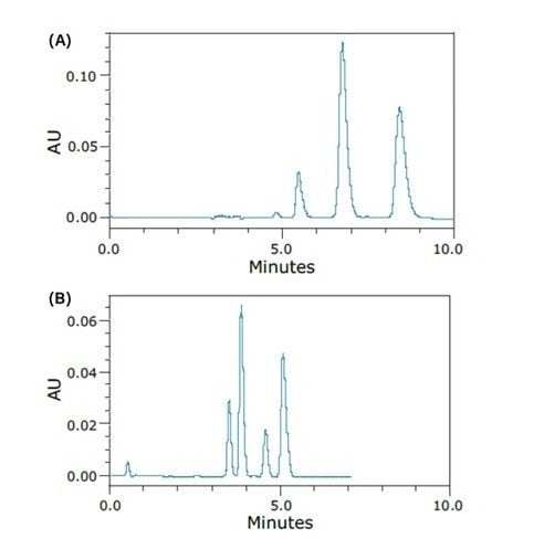  Chromatograms of the separation of the stereoisomers of permethrin obtained under normal-phase HPLC (A) and SFC (B) conditions