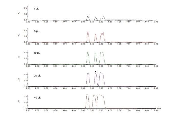 Volume loading study. Note the decrease in resolution as the load for the peak with the asterisk increases.