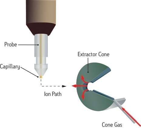 Schéma simplifié illustrant une sonde ESI dans une position typique devant et perpendiculairement à l’entrée des ions du MS.