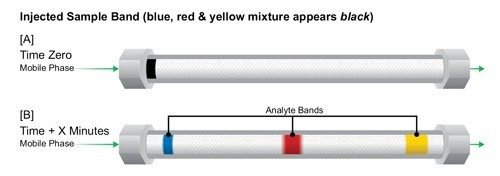 Figure 4 : compréhension du fonctionnement d’une colonne chromatographique (bandes d’analytes).