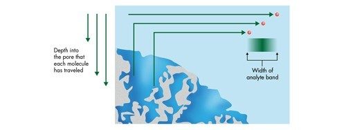 Figura n. 29: Trasferimento di massa [diffusione] all’interno e all’esterno di un poro cromatografico.