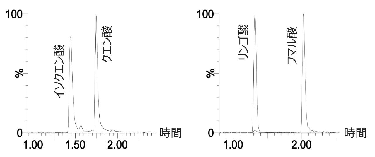  クリティカルペア（クエン酸/イソクエン酸、リンゴ酸/フマル酸）の分離。