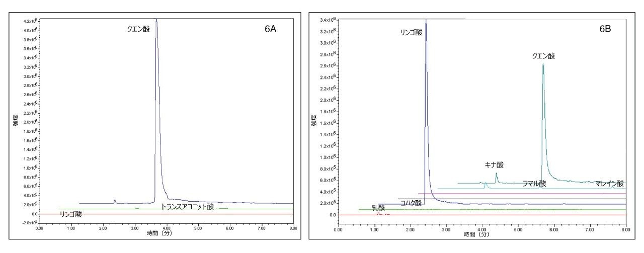 スポーツドリンク（6A）およびスパークリングウォーター（6B）中に検出された有機酸