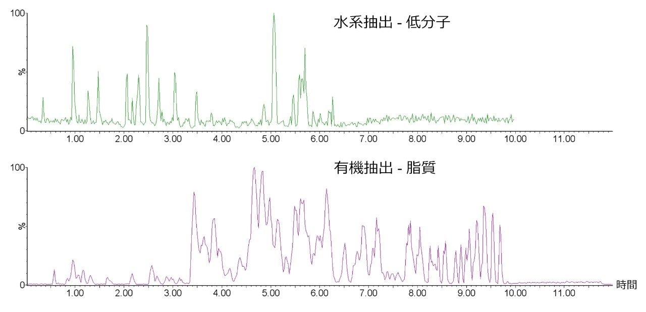 ヒト痰の MTBE 抽出後の水相および有機相から得られた代表的なクロマトグラム