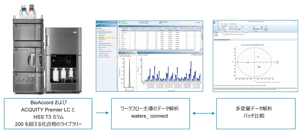 細胞培養の培地分析に用いる BioAccord/waters_connect に基づくワークフローの概略図