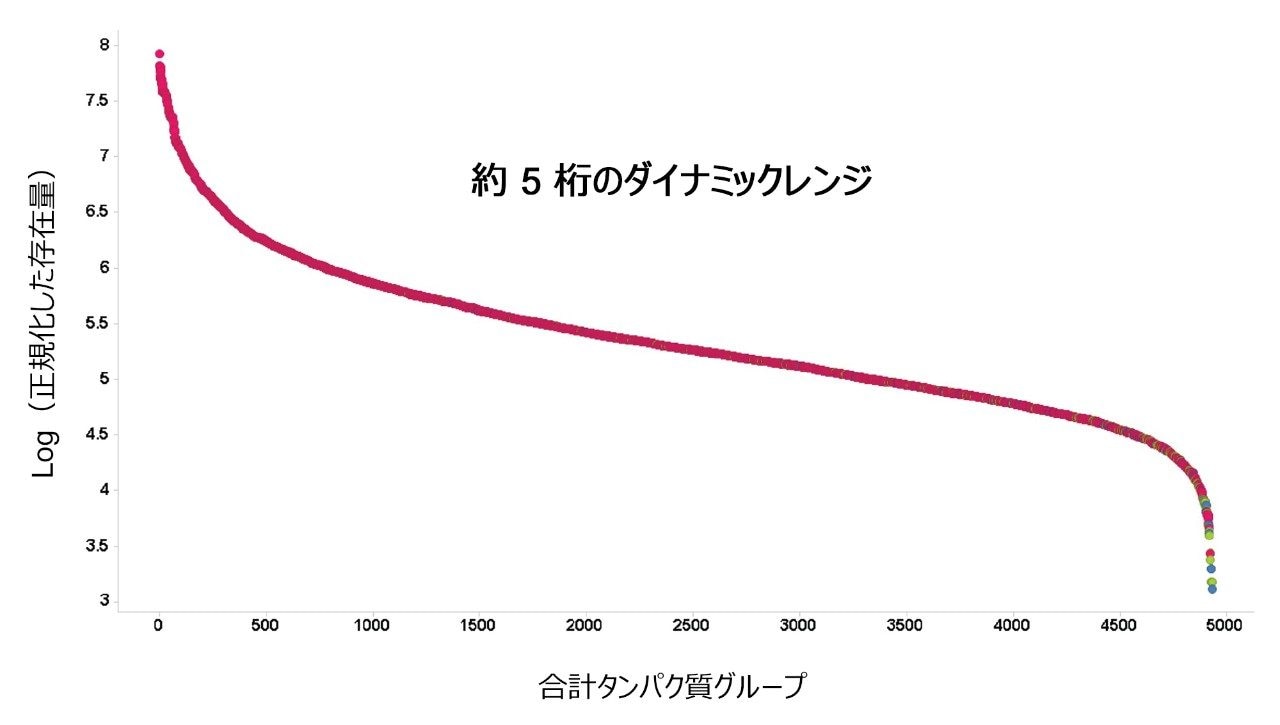  3 回の繰り返し注入で同定されたすべての K562 タンパク質の強度のダイナミックレンジ