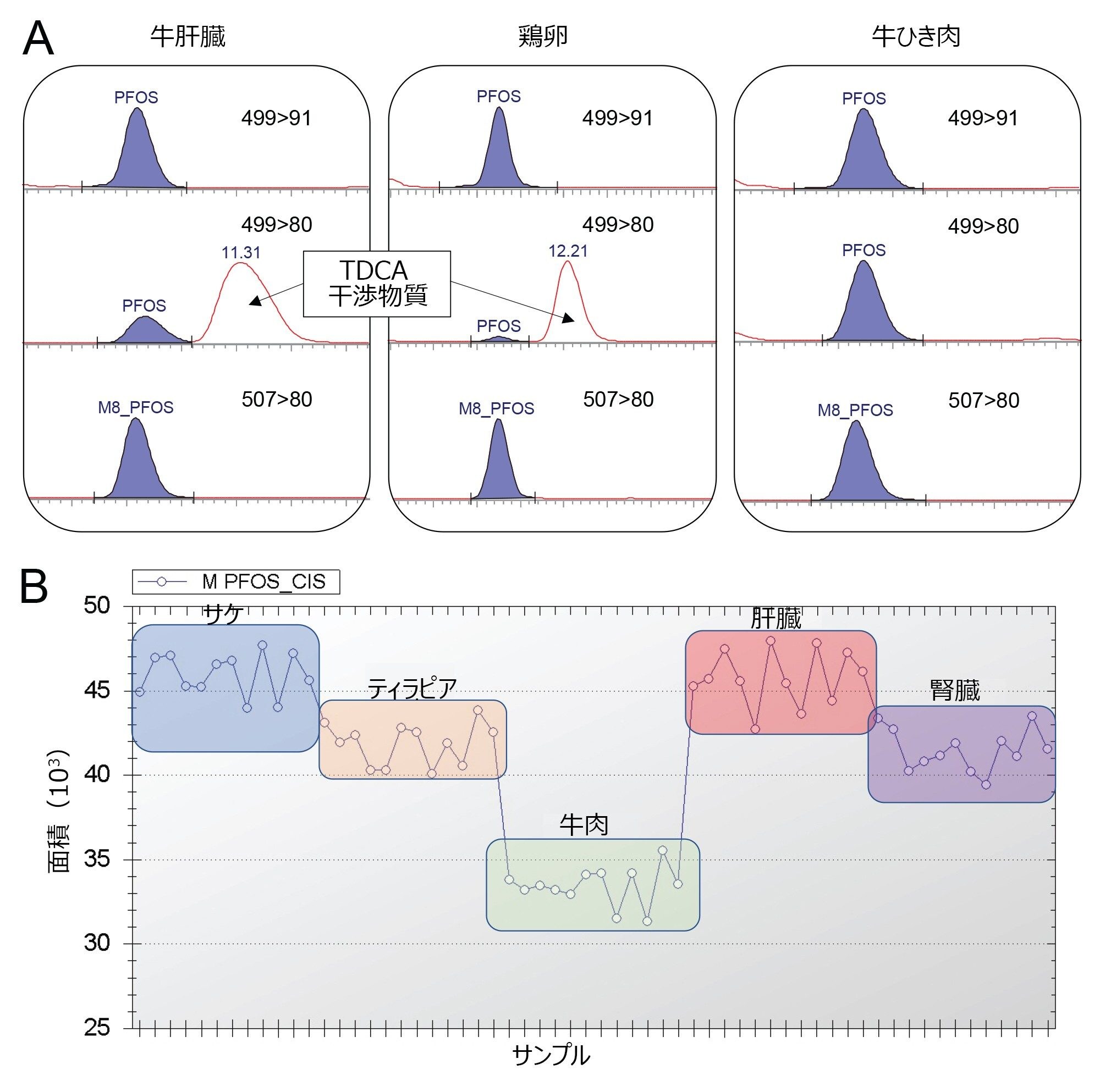 （A）牛肝臓、鶏卵、および牛ひき肉における PFOS の MRM トランジション 499 > 91 および 499 > 80 ならびに M8-PFOS のクロマトグラム。肝臓および卵の 499 > 80 トランジションにおける干渉物質はタウロデオキシコール酸（TDCA）であることを示しています。（B）各サンプルマトリックス（x 軸）（サケ、ティラピア、牛、肝臓、腎臓の 12 回のサンプル注入にわたる M-PFOS 注入標準のピーク面積（y 軸）。