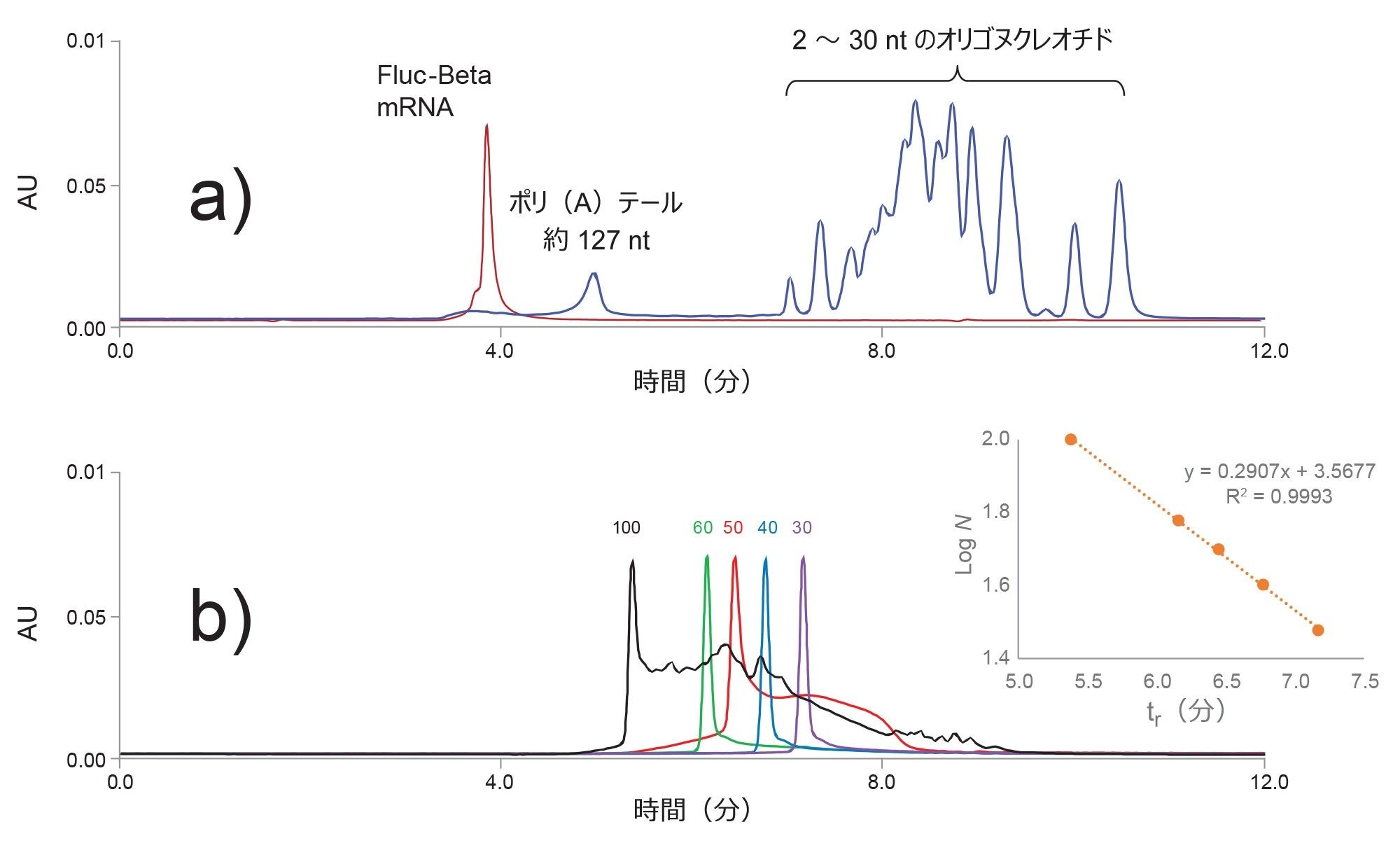 検量線の外挿を使用して、さらに長いポリ A テールの長さを概算しています