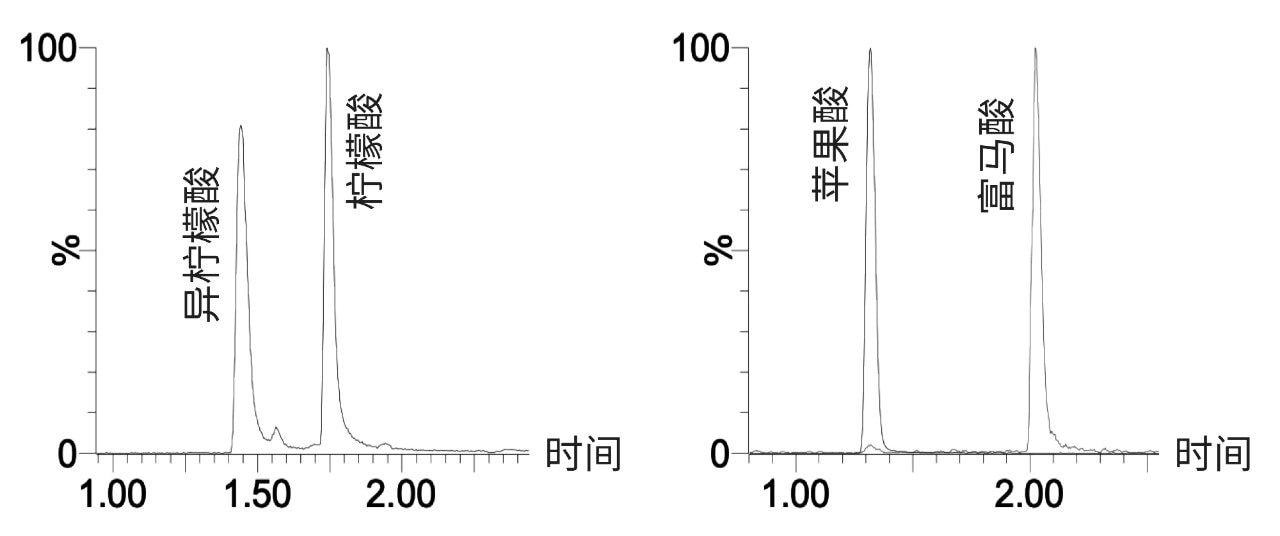  关键分析物对（柠檬酸/异柠檬酸、苹果酸/富马酸）的分离结果