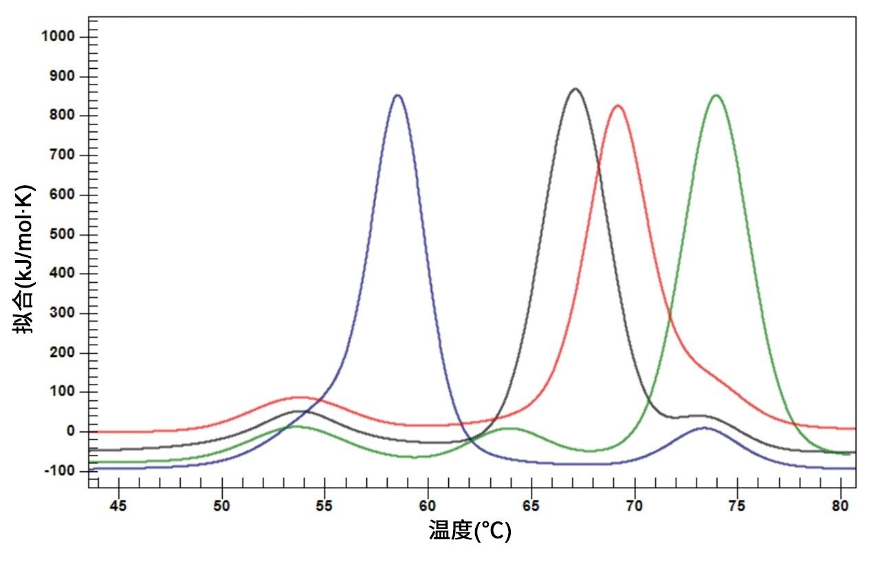 DSC分析的模拟（绿色、蓝色和红色）和真实（黑色）IgG数据。