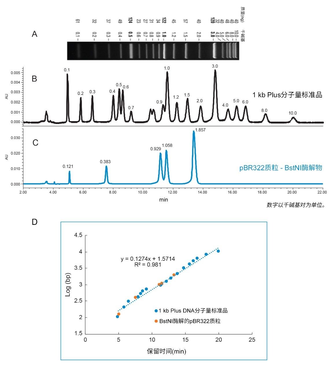 1 kb Plus DNA分子量标准品的A)琼脂糖凝胶分离结果和B)阴离子交换结果；C) DNA片段的阴离子交换分离结果；D) dsDNA片段的log (bp)与保留时间的关系图。