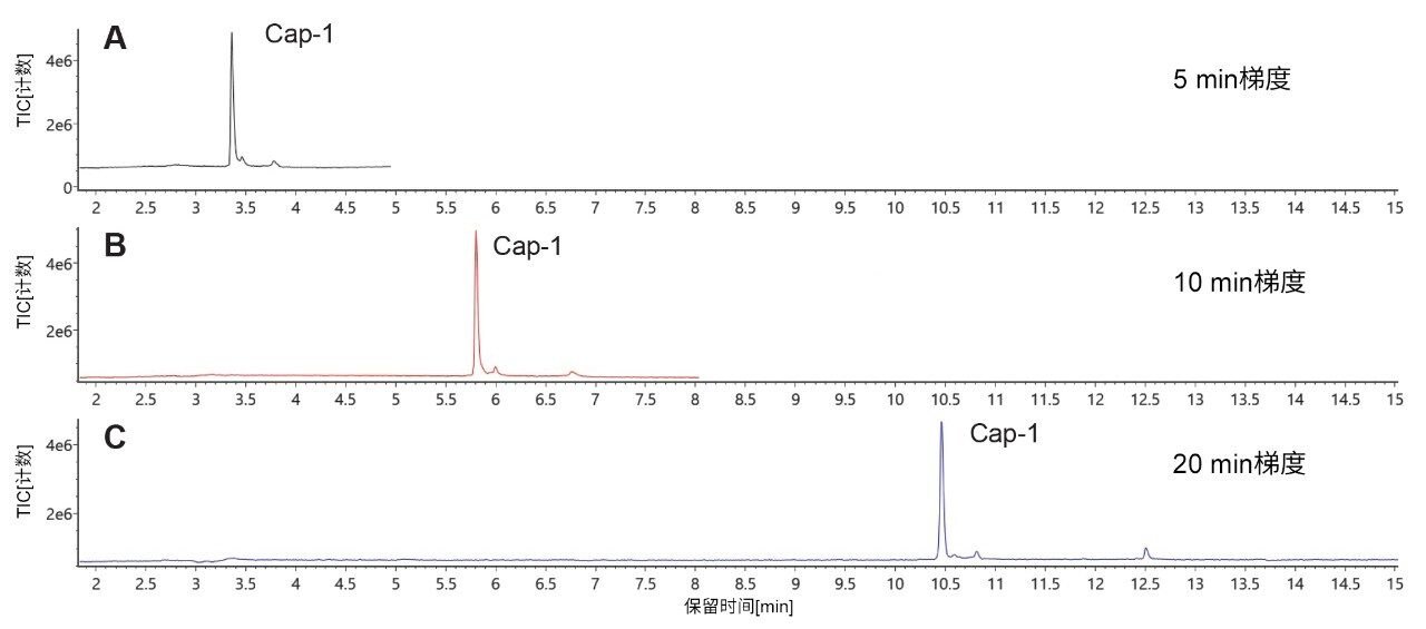  使用ACQUITY Premier BEH C18, 1.7 μm, 2.1 x 50 mm寡核苷酸分析专用柱获得的Cap-1片段的TIC色谱图。