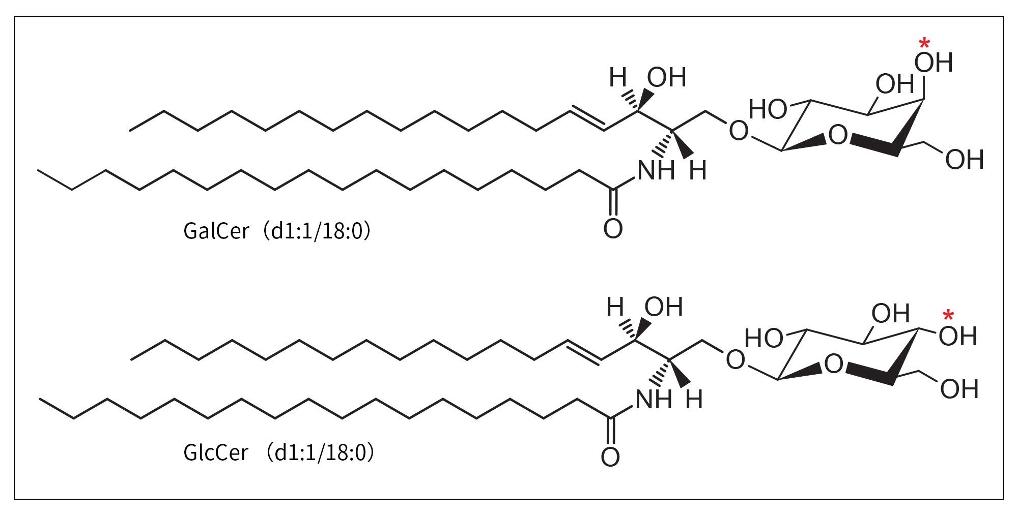 分析的GalCer和GlcCer异构体的化学结构。羟基在C-4位置上的位置差异用红色星号表示。