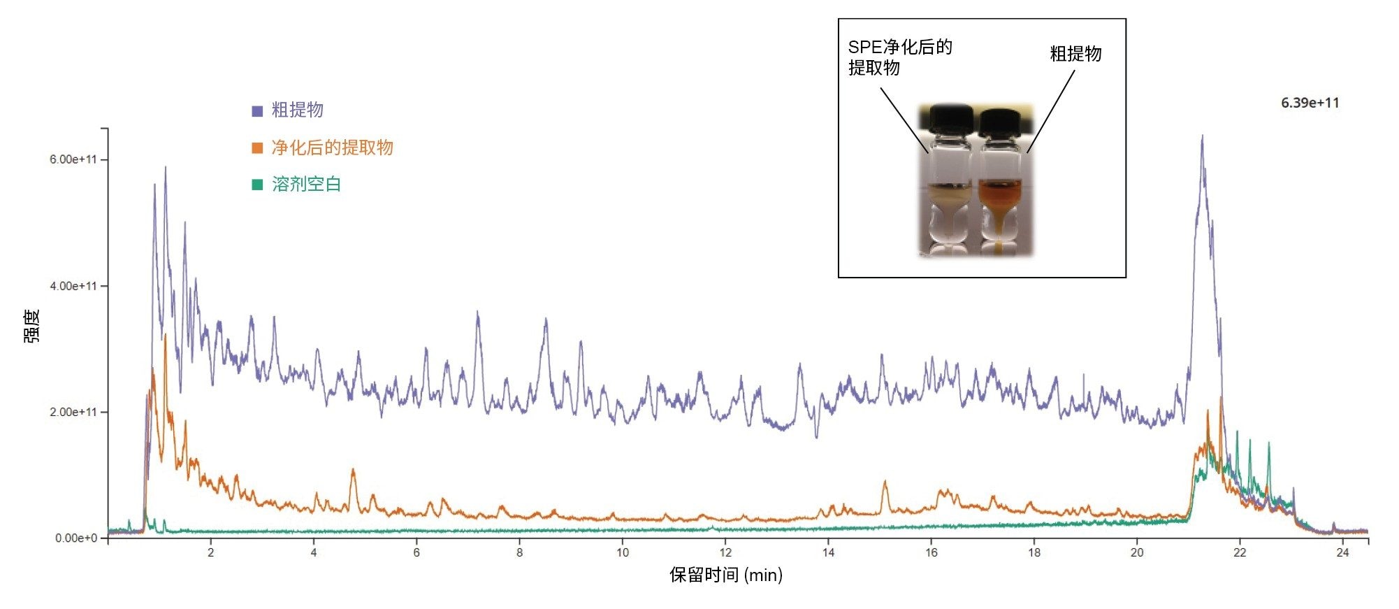 博士茶提取物的RADAR色谱图（全扫描m/z 45~850，扫描时间0.1 s）。插图：纯化提取物（左图）和粗提物（右图）