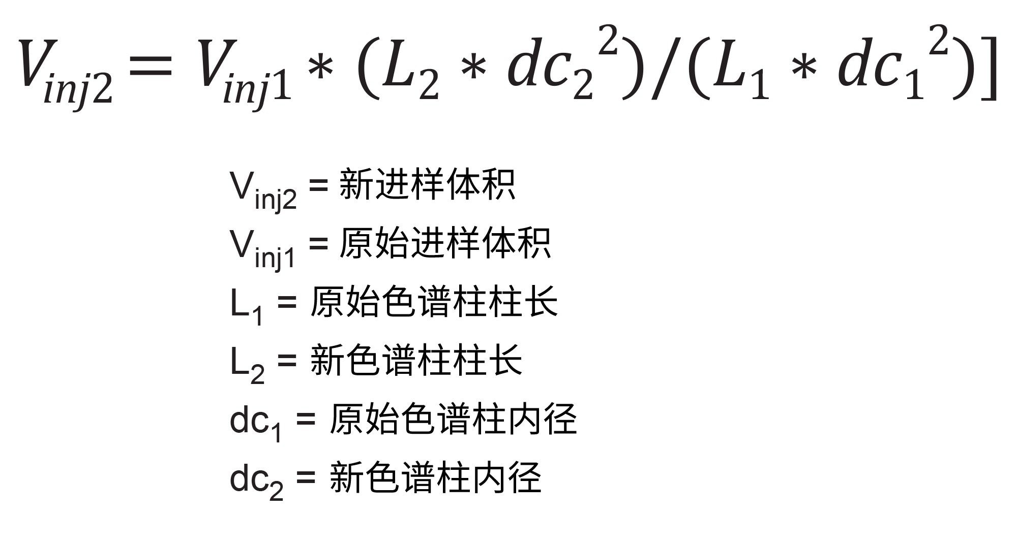 根据原始色谱柱和新色谱柱的尺寸以及原始进样体积计算调整后的进样体积