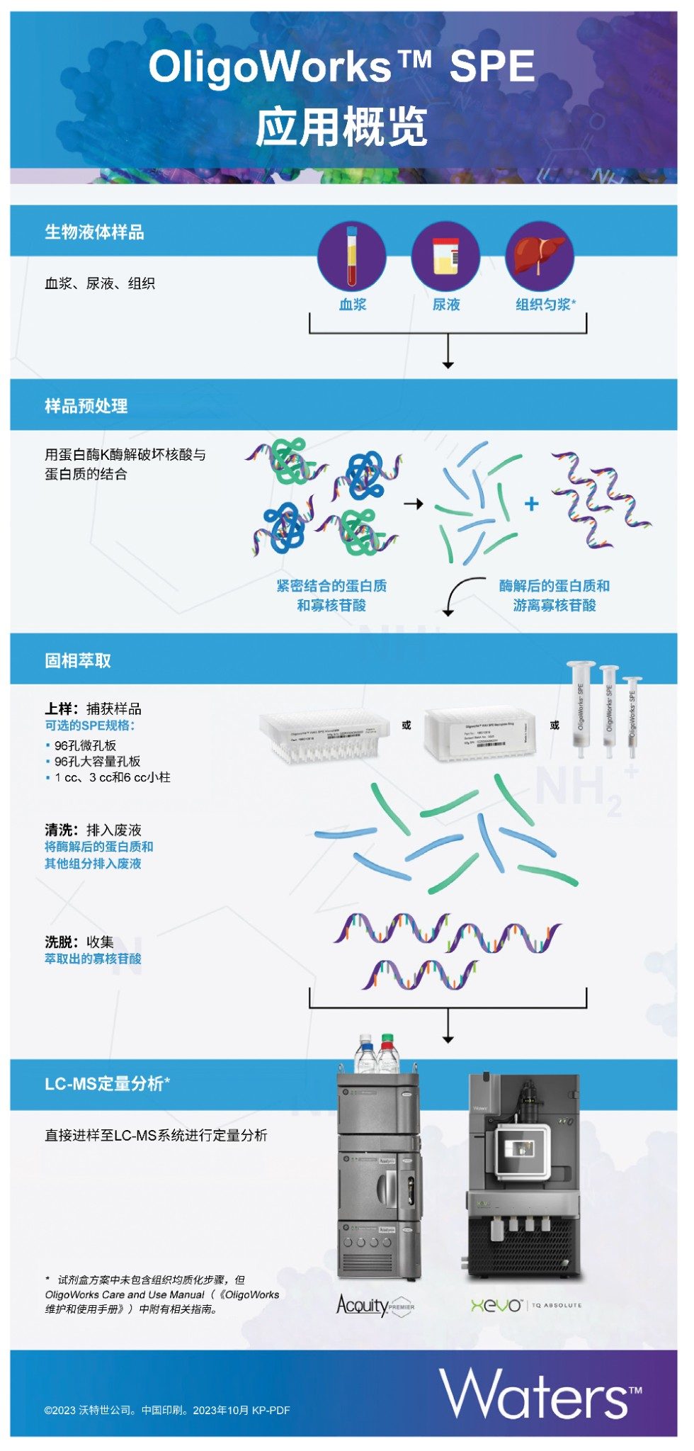 寡核苷酸生物分析定量的样品前处理、萃取和LC-MS工作流程图示